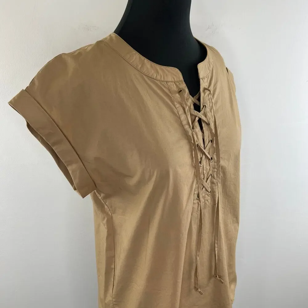 J.CREW Lace Up Popover Short Sleeve Top Brown Tan 100% Cotton Style G3922 Size 4